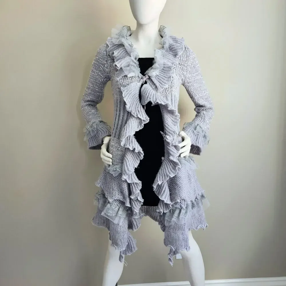Y2K Whimsy Ruffle Lace Tulle Long Cardigan Witchy Fairy Boho Penny Lane Size S - Picture 4 of 12